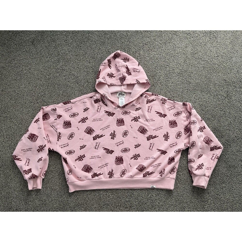 Dr Pepper Pink All Over Print Logo Hoodie Sweatshirt Womens Sz XL Cropped Fleece